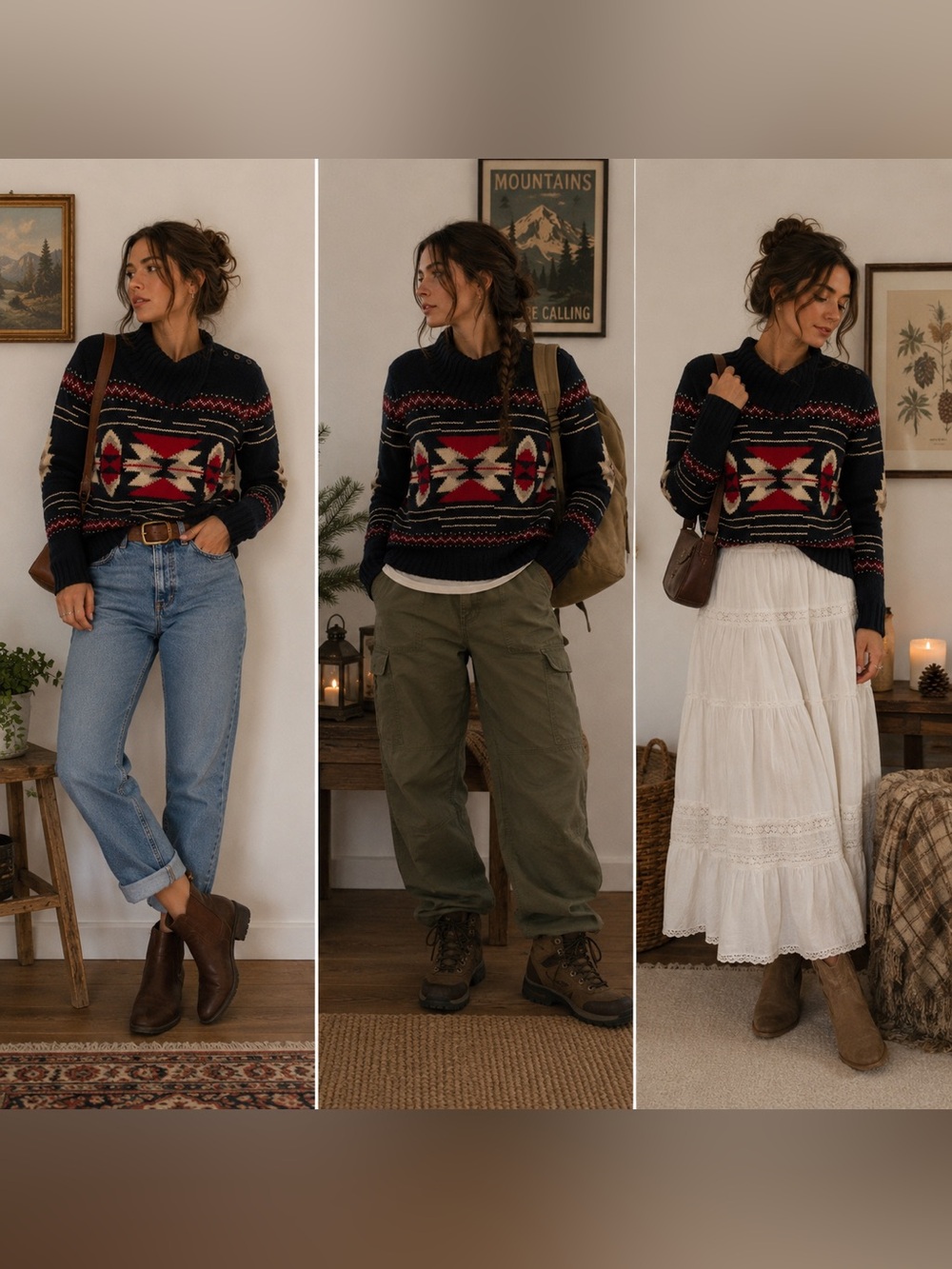 Women's Black Aztec Knit Sweater with Red and Cream Accents